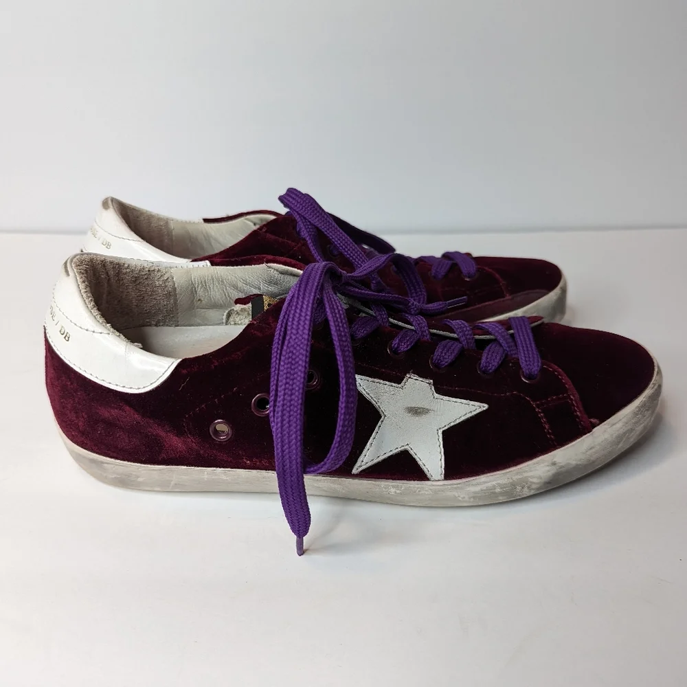 AUTHENTIC Golden Goose Superstar Sneaker in Bordeaux Velvet & White Star - Picture 5 of 15